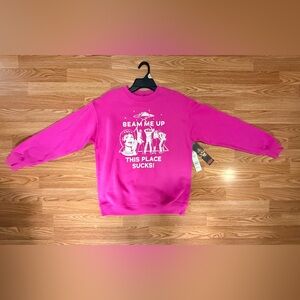 NWT Women Pink Netflix Stranger Things Oversized “Beam Me Up” Sweatshirt